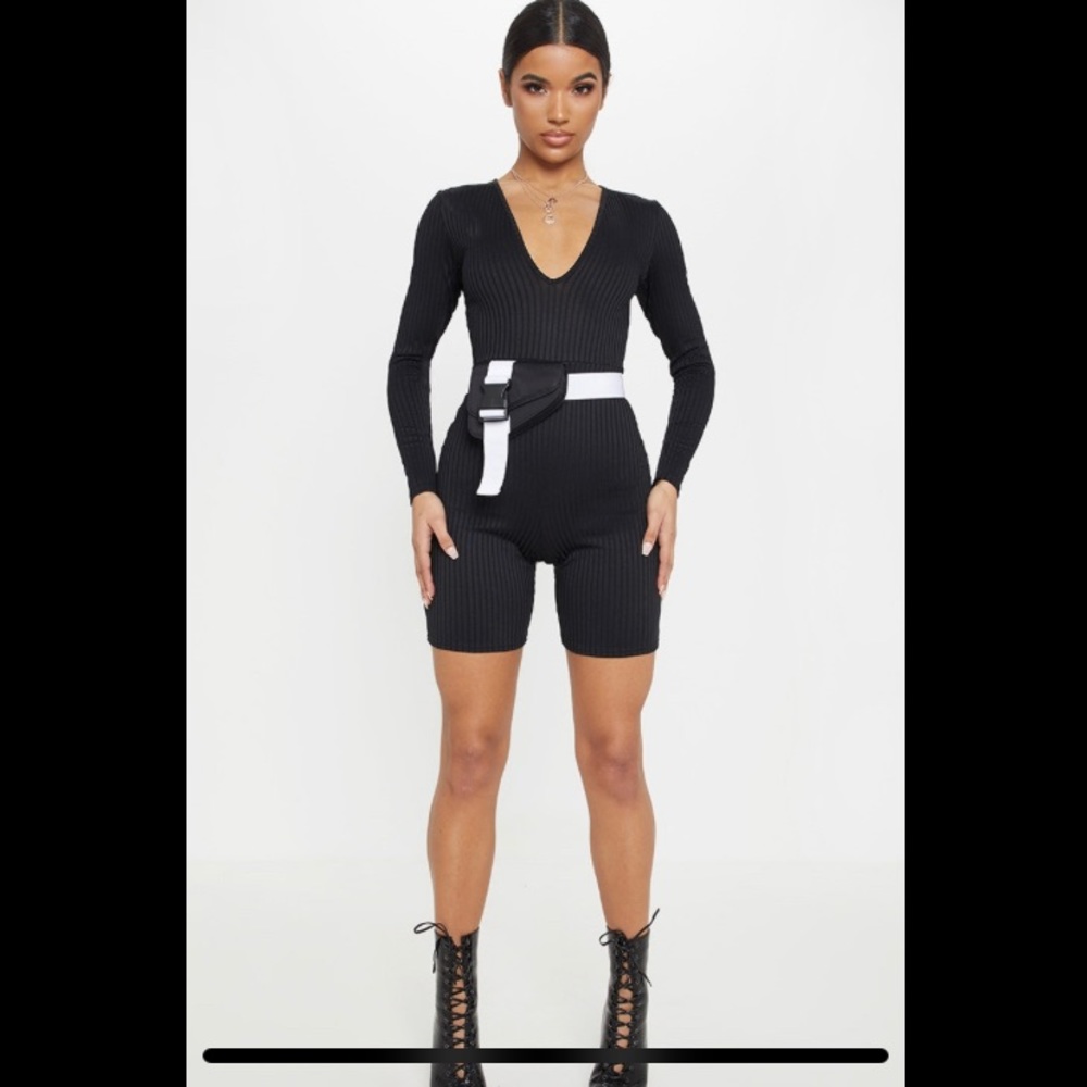 PLT Black Ribbed Long Sleeve Unitard